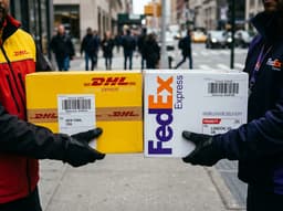 A courier holding packages, illustrating DHL versus FedEx for international shipping.
