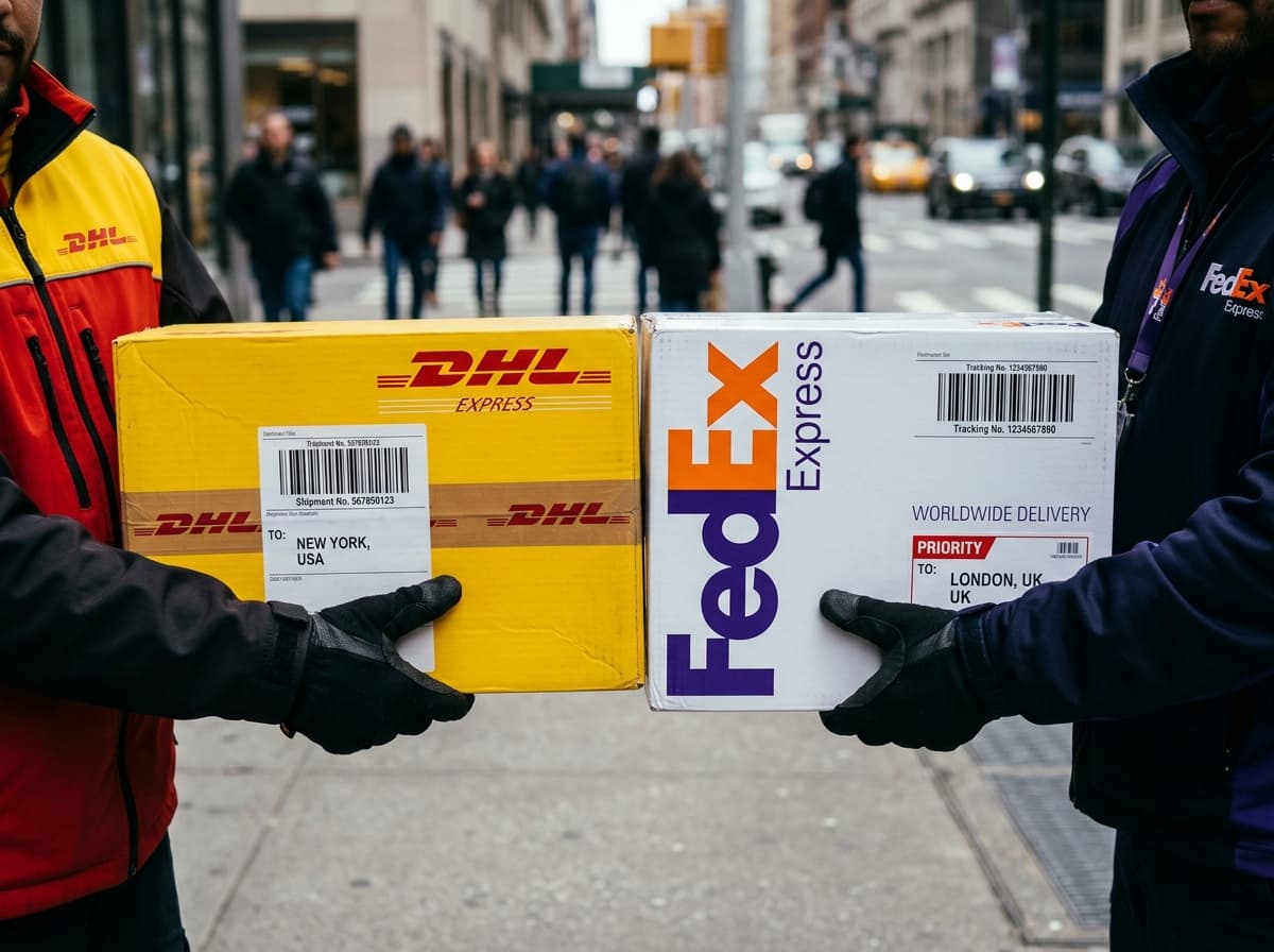 A courier holding packages, illustrating DHL versus FedEx for international shipping.