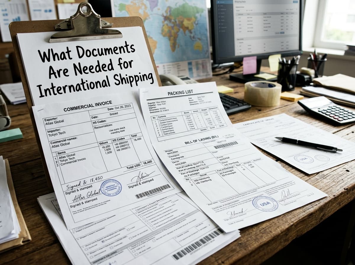 A courier holding packages, illustrating the documents needed for international shipping.