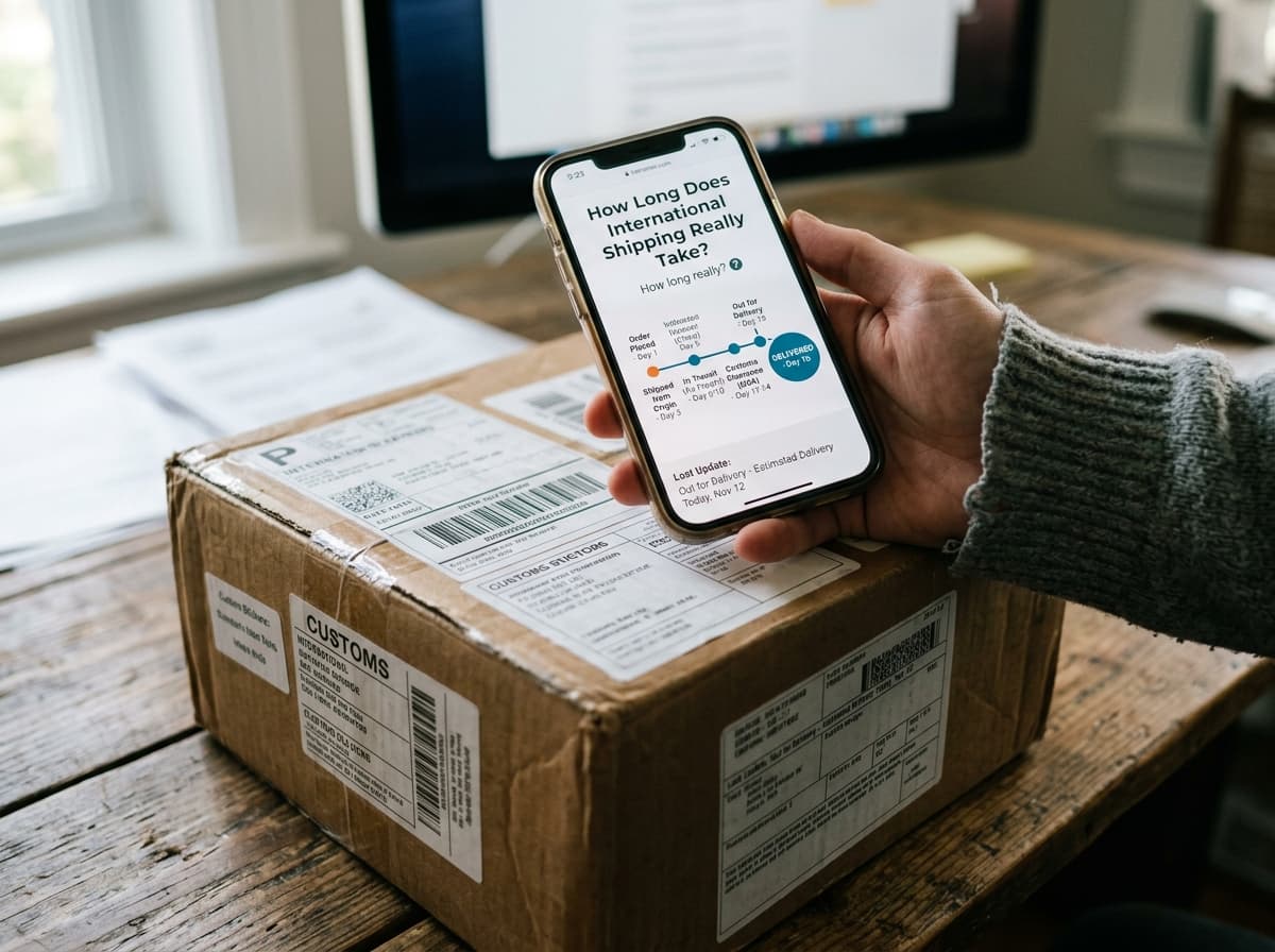 A courier holding packages, illustrating how long international shipping takes.
