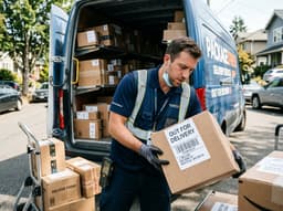 A courier holding packages, illustrating what "out for delivery" means.