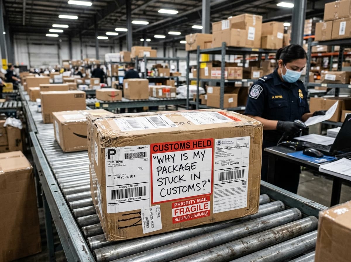 A courier holding packages, illustrating a package stuck in customs.