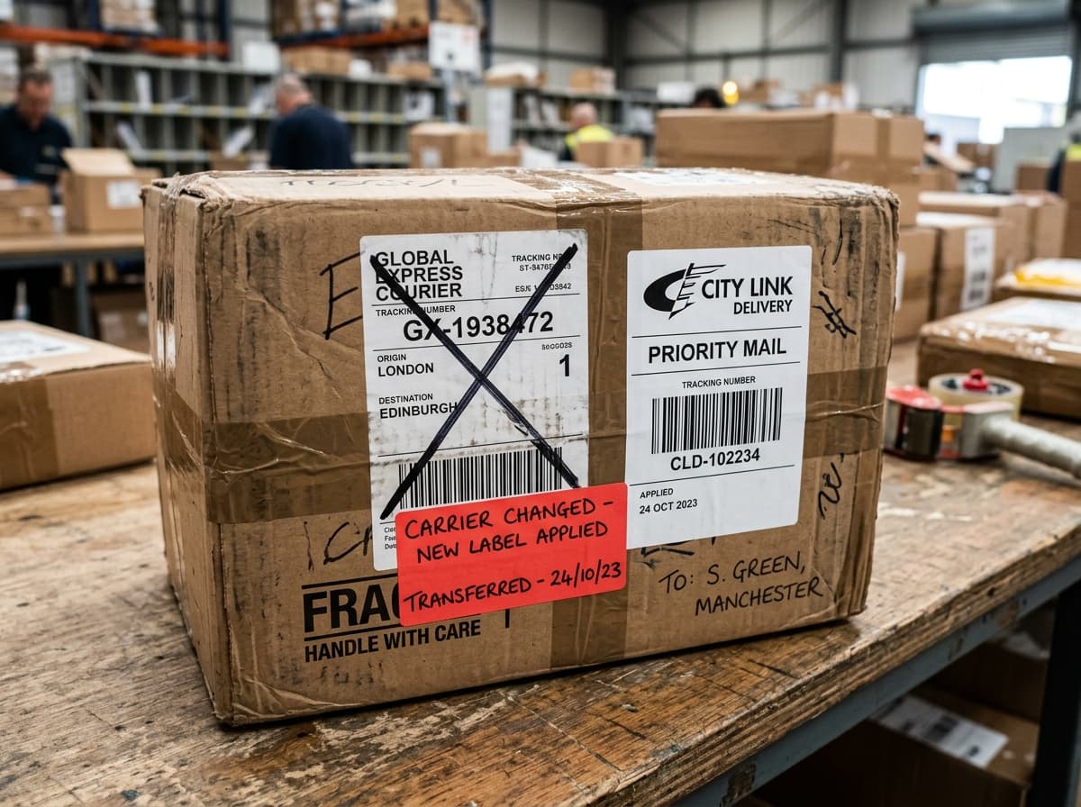 A courier holding packages, illustrating a parcel that changed carrier mid-journey.