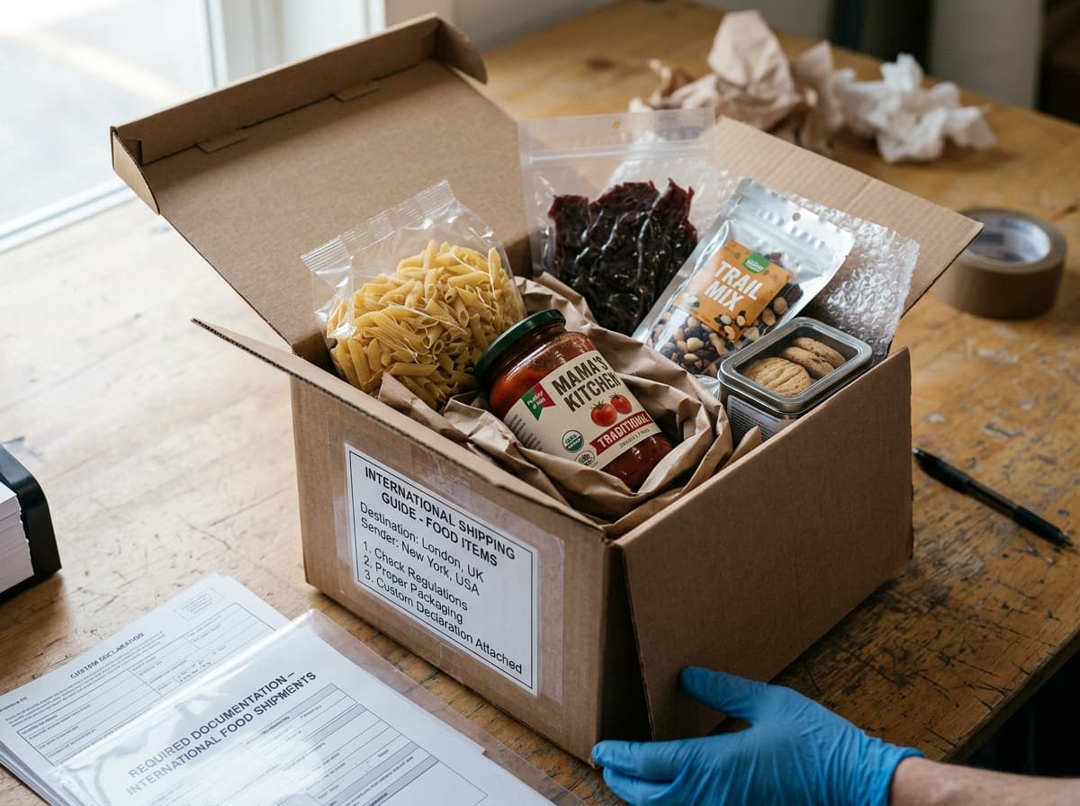 A courier holding packages, illustrating shipping food items internationally.