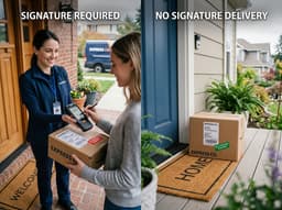 A courier holding packages, illustrating signature-required versus no-signature delivery.