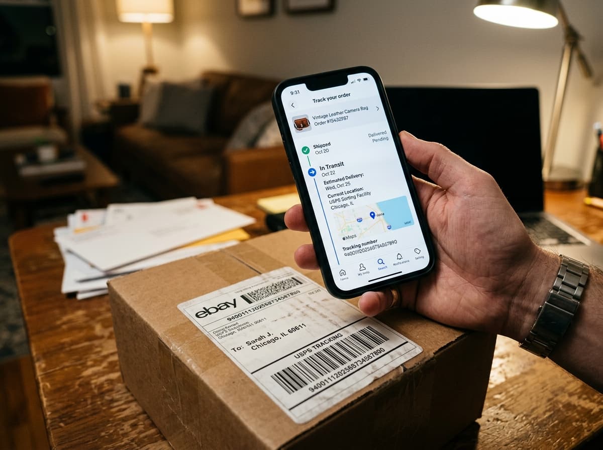 A courier holding packages, illustrating tracking an eBay order.