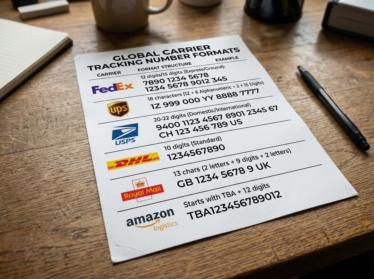 A courier holding packages, illustrating tracking number formats by carrier.