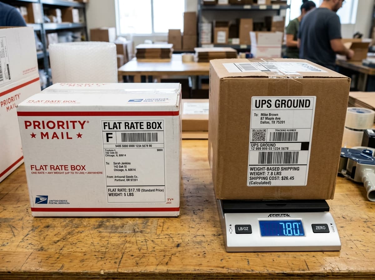 A courier holding packages, illustrating flat rate versus weight-based shipping.