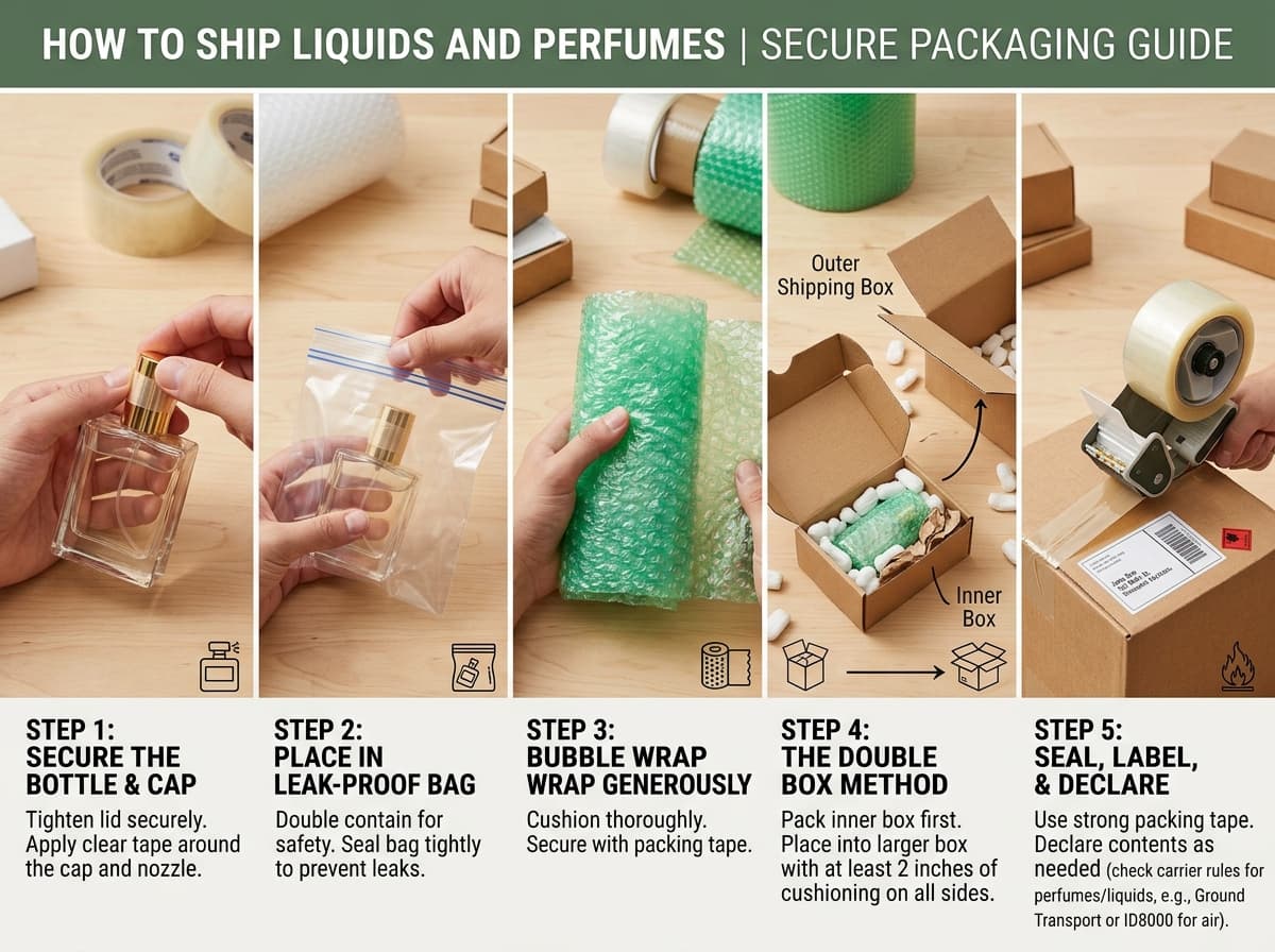 A courier holding packages, illustrating shipping liquids and perfumes.