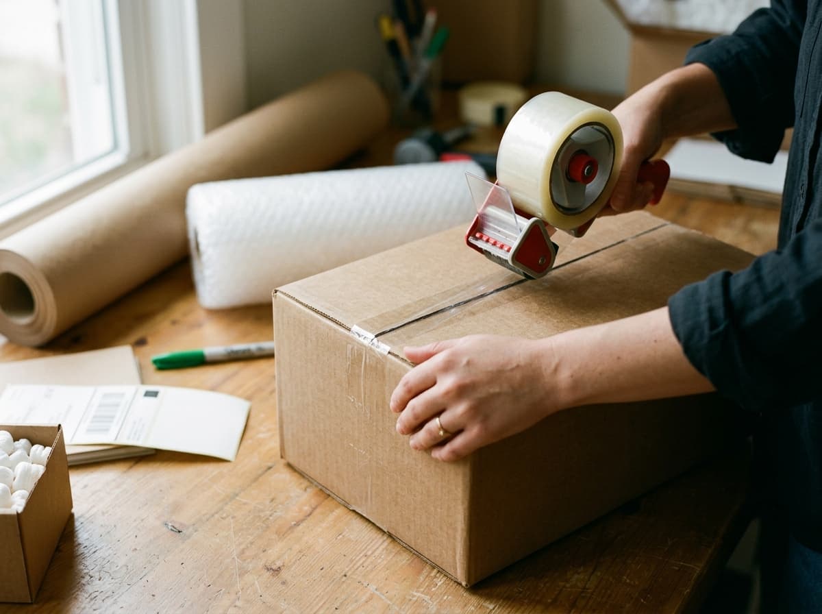 A courier holding packages, illustrating wrapping packages for shipping.