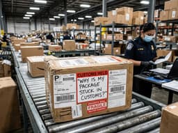 A courier holding packages, illustrating a package stuck in customs.