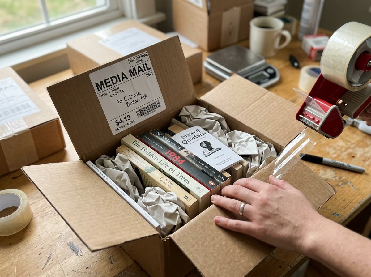 A courier holding packages, illustrating shipping books and printed material cheaply.