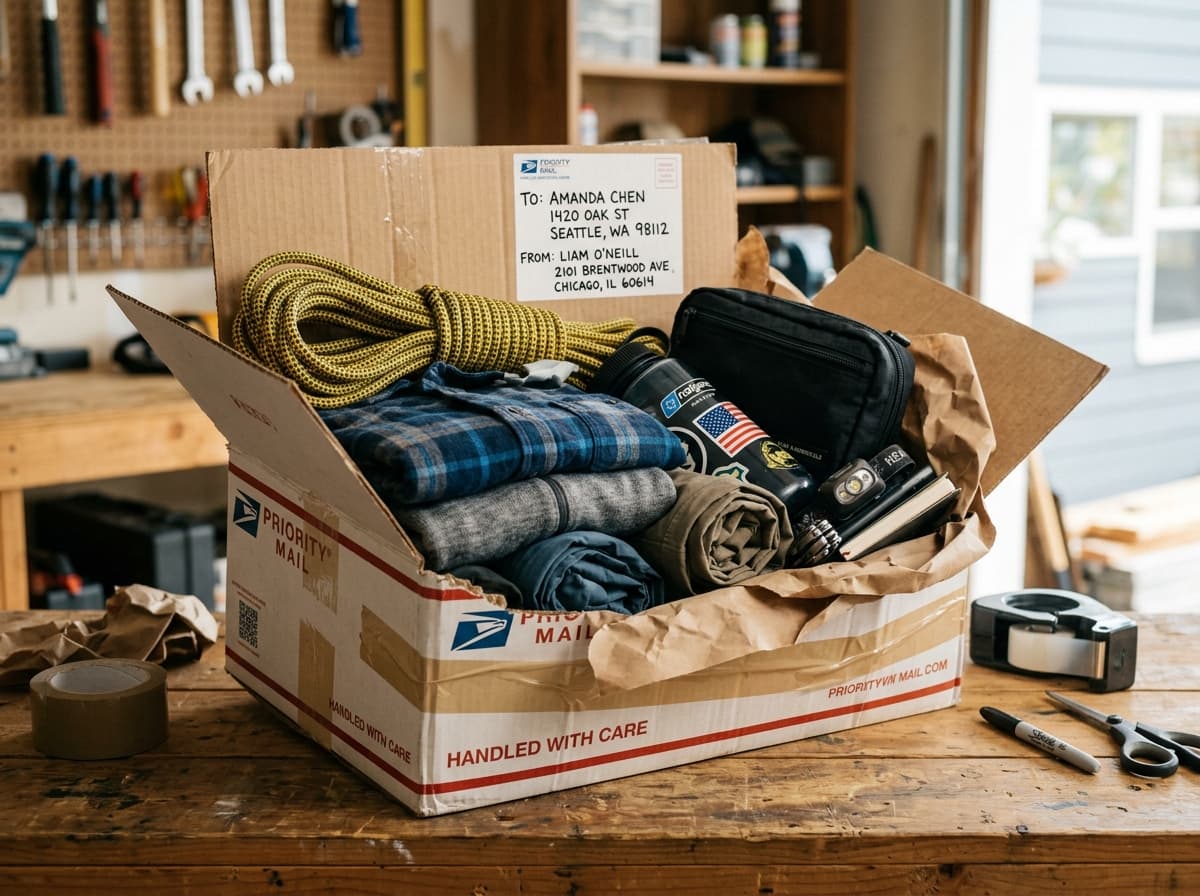 A courier holding packages, illustrating shipping clothes, gear and essentials across the US.