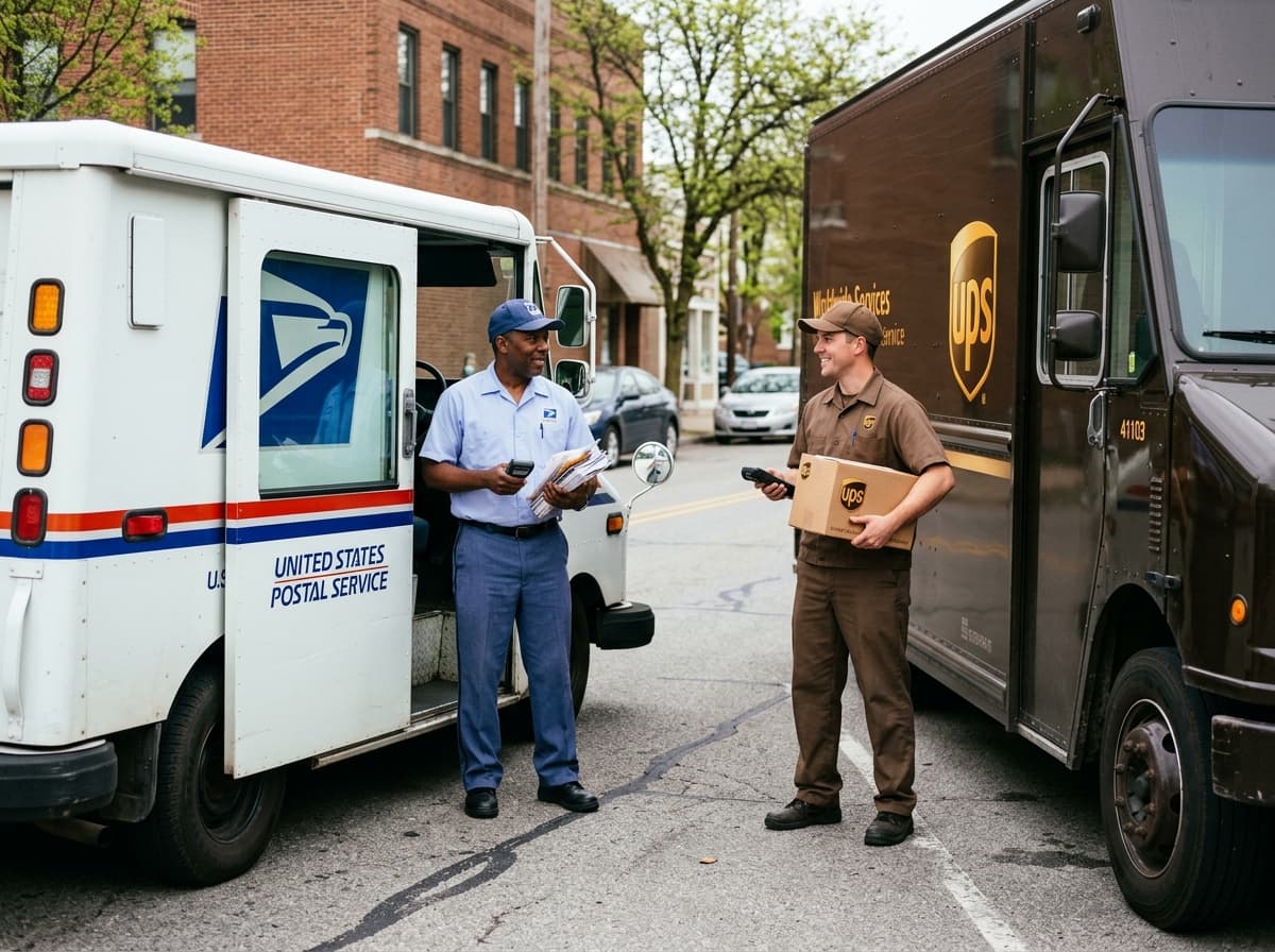A courier holding packages, illustrating USPS versus UPS.